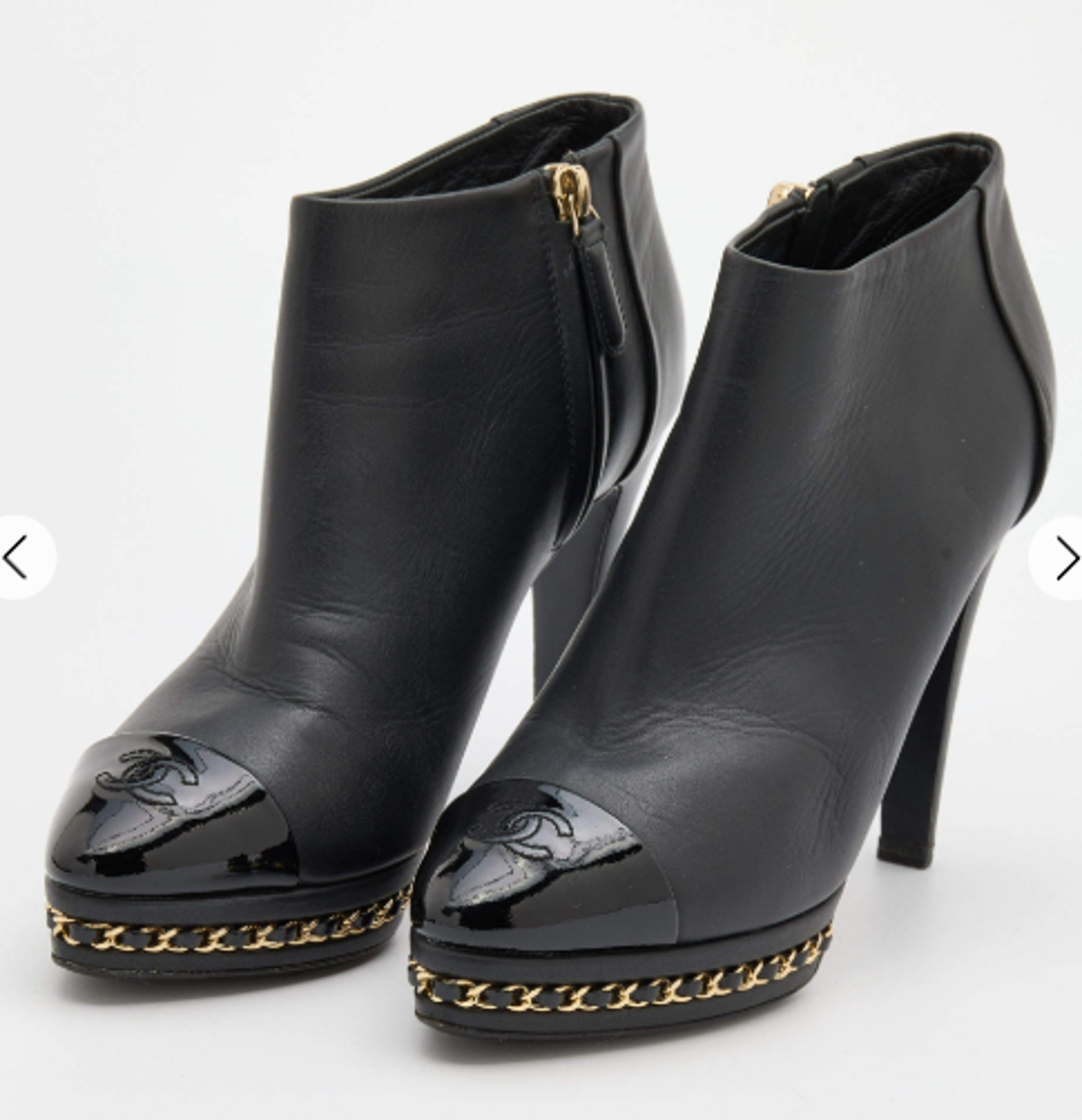 Chanel Leather Platform Ankle Booties With Cc & Chain Detail Black Womens Eu 37